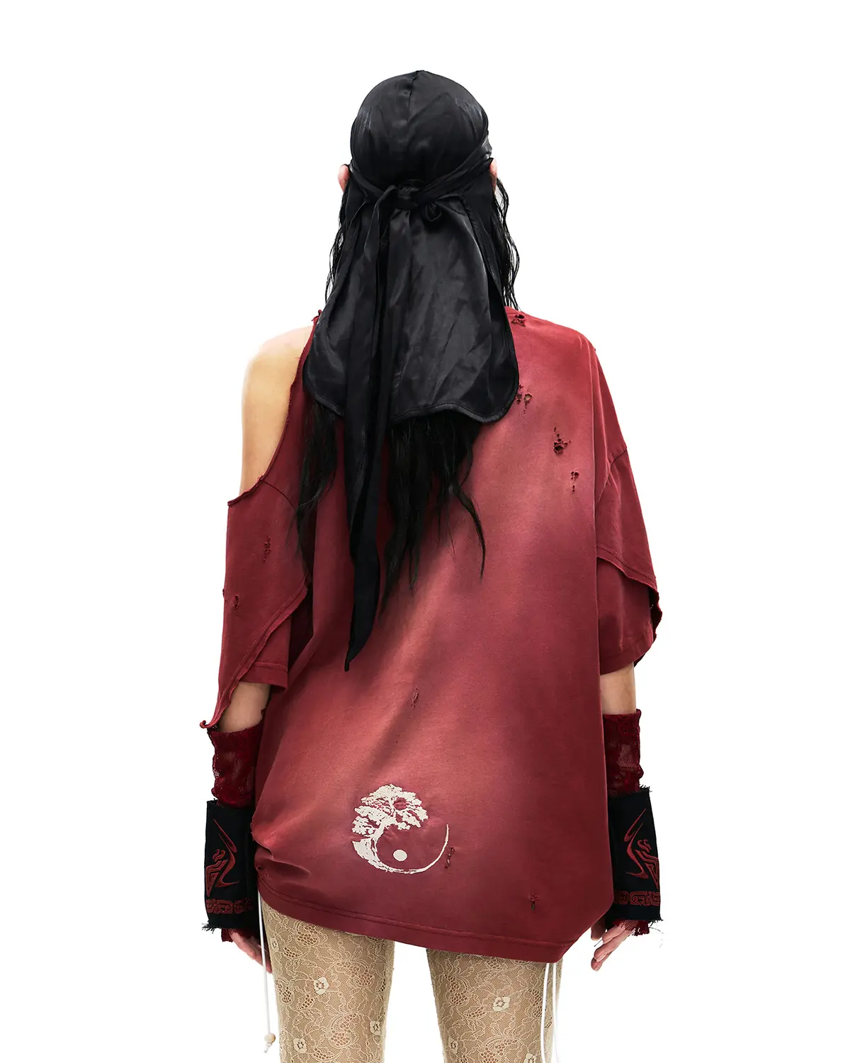 Personsoul Ink-Wash Distressed One-Shoulder T-Shirt Red - Image 3