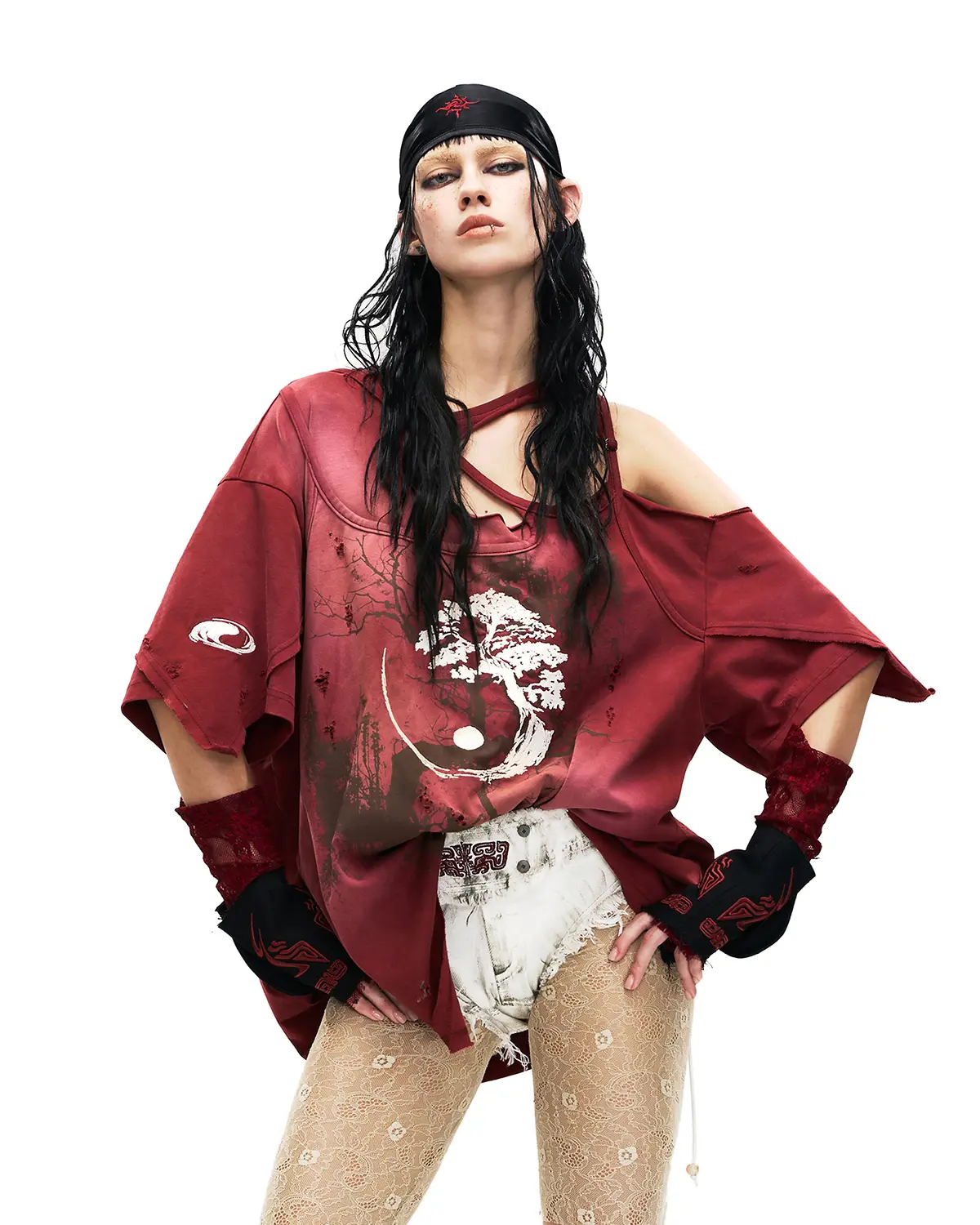 Personsoul Ink-Wash Distressed One-Shoulder T-Shirt Red - Image 4