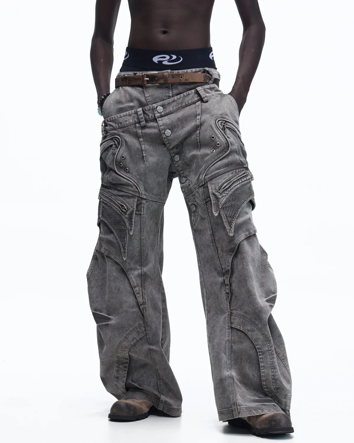 Personsoul Mock Double-Waist Wide-Leg Cargo Pants - Image 4