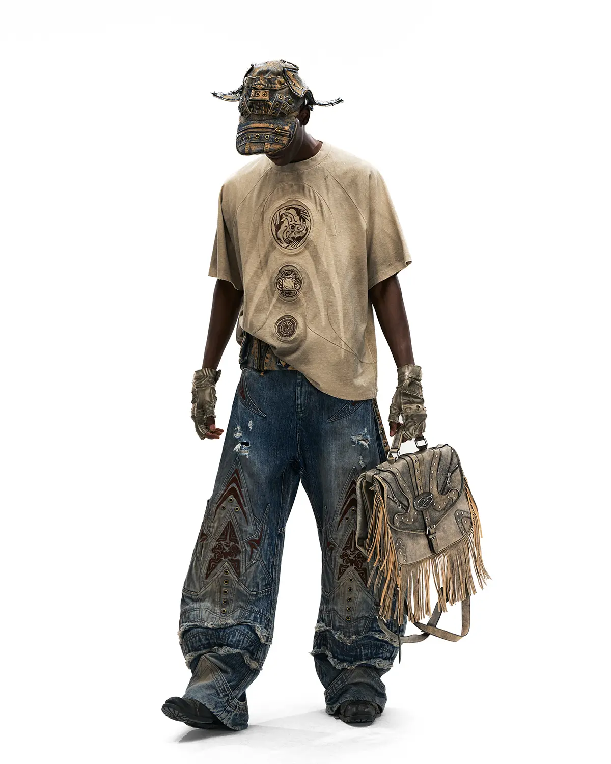 Personsoul Mythical Beast Face Curved Denim Jeans - Image 11