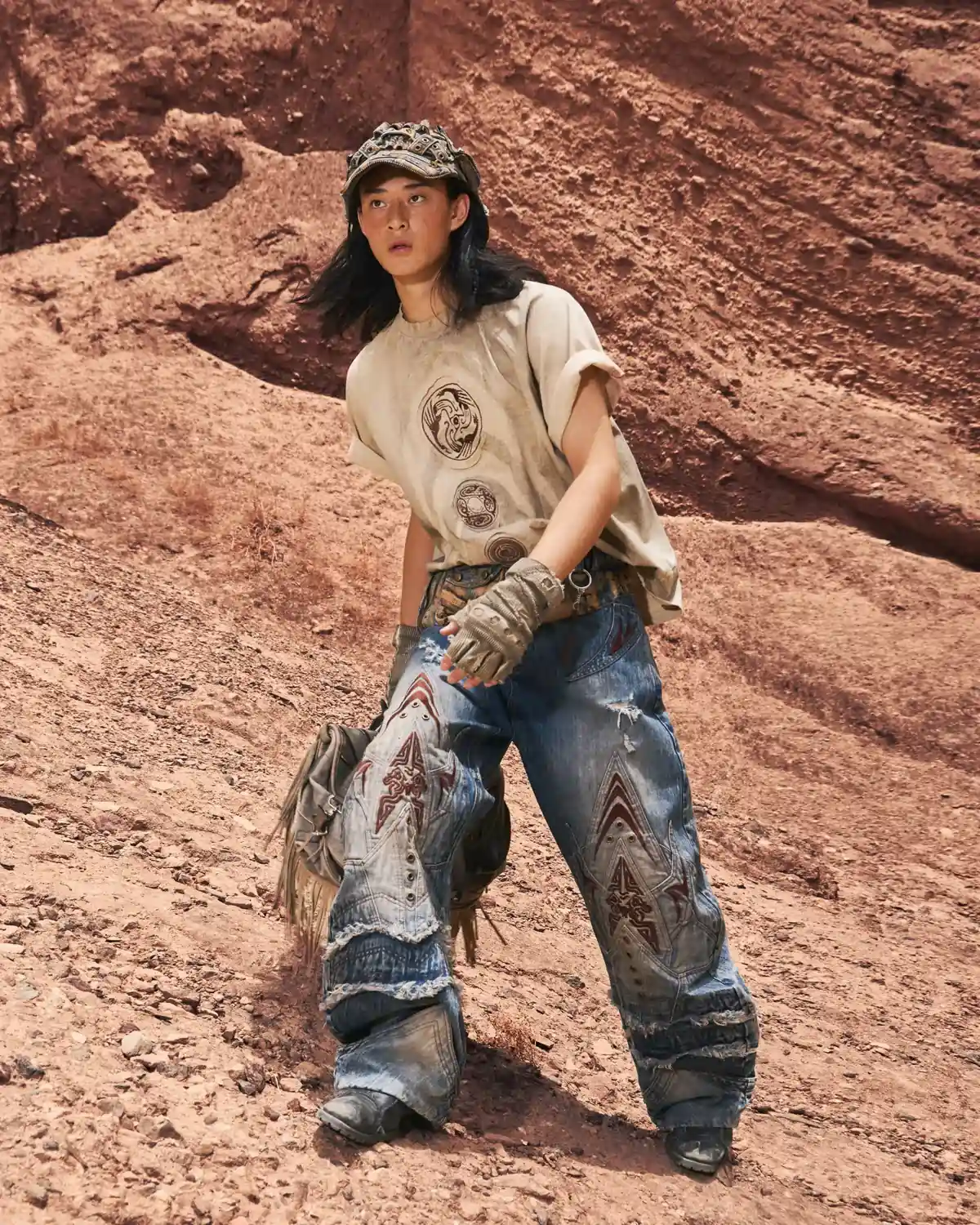 Personsoul Mythical Beast Face Curved Denim Jeans - Image 6