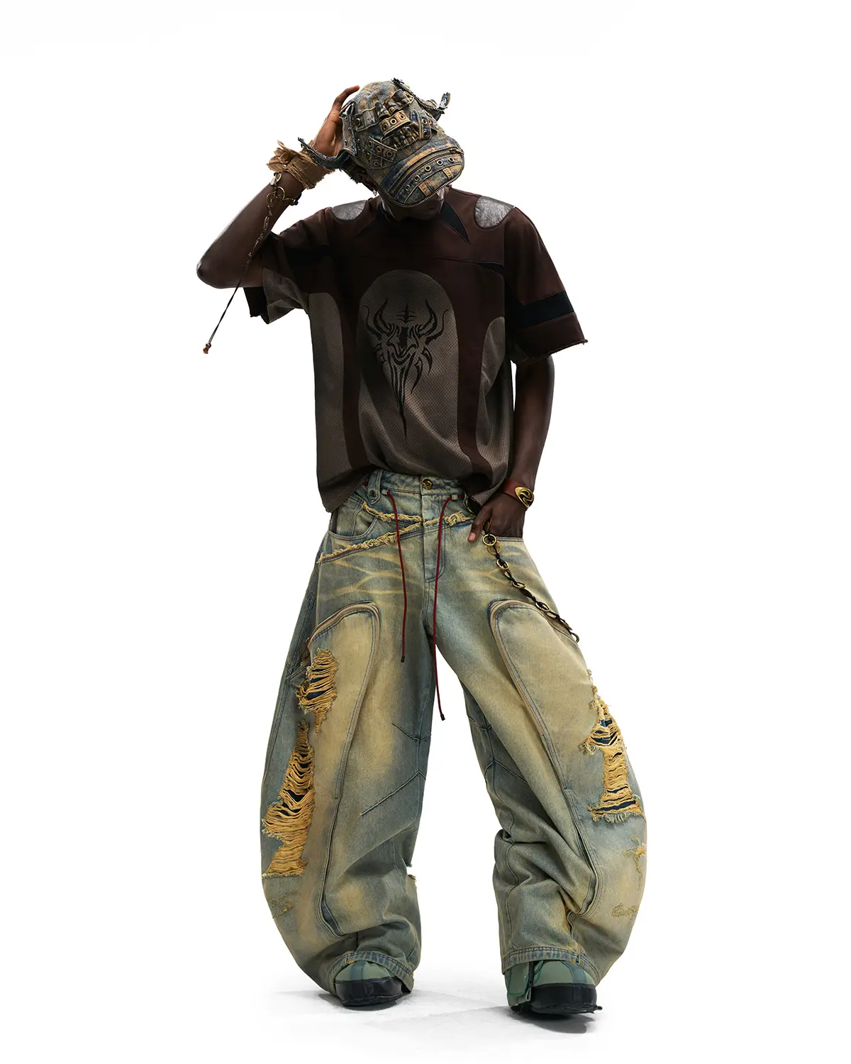 Personsoul Mythical Beast Motif Patchwork T-Shirt Brown - Image 11