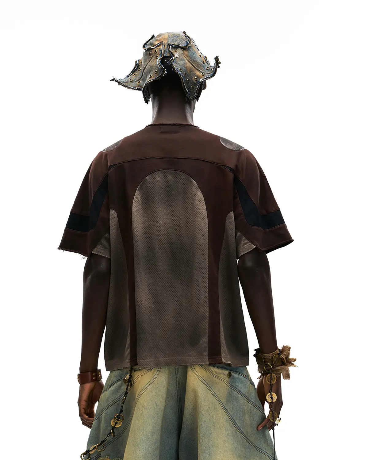 Personsoul Mythical Beast Motif Patchwork T-Shirt Brown - Image 3