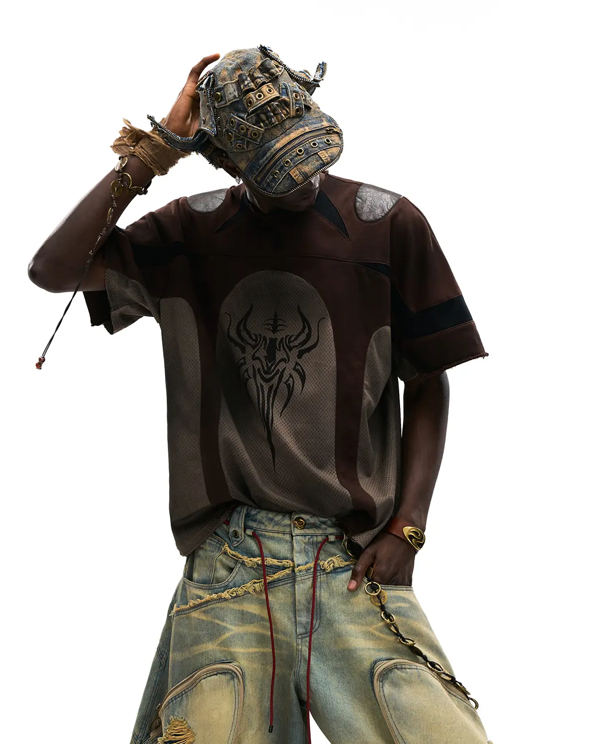 Personsoul Mythical Beast Motif Patchwork T-Shirt Brown - Image 4