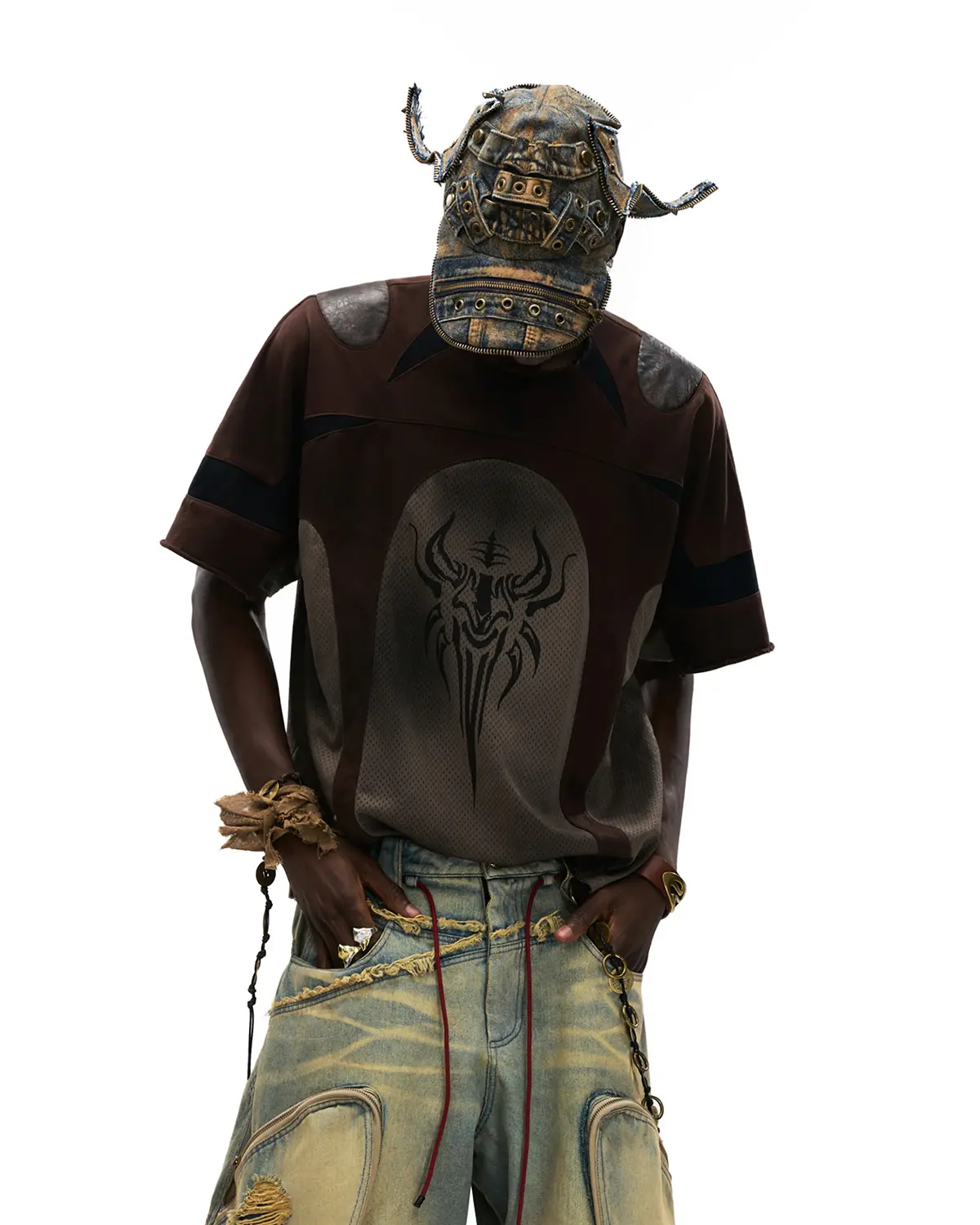 Personsoul Mythical Beast Motif Patchwork T-Shirt Brown - Image 5