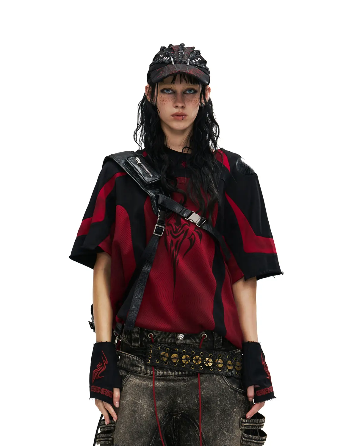 Personsoul Mythical Beast Motif Patchwork T-Shirt Red