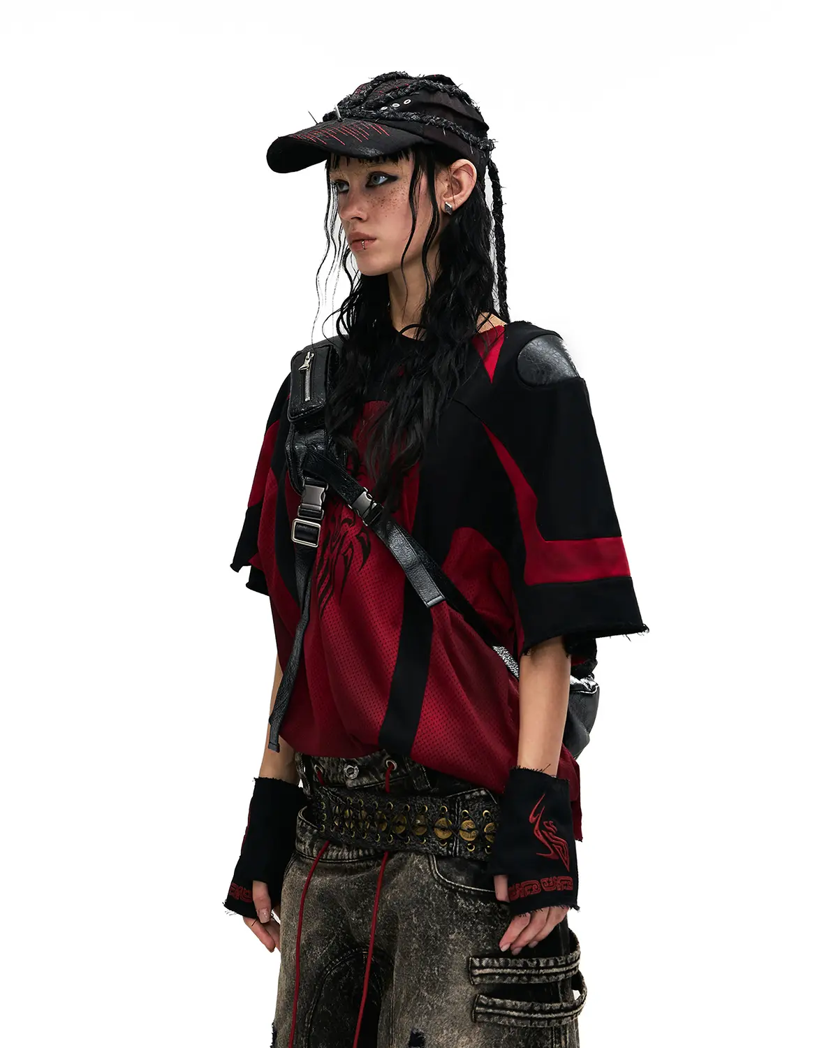 Personsoul Mythical Beast Motif Patchwork T-Shirt Red - Image 2