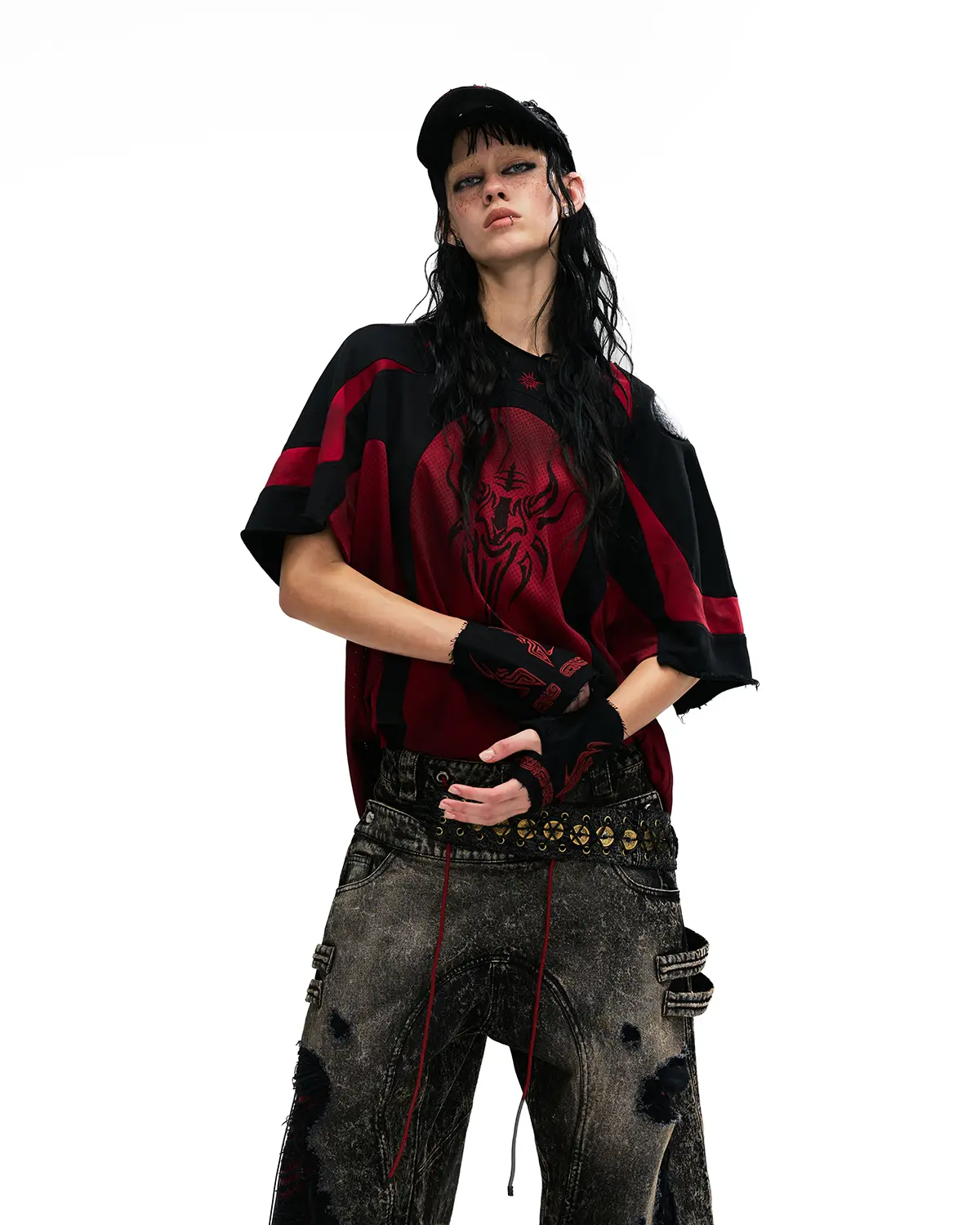 Personsoul Mythical Beast Motif Patchwork T-Shirt Red - Image 5