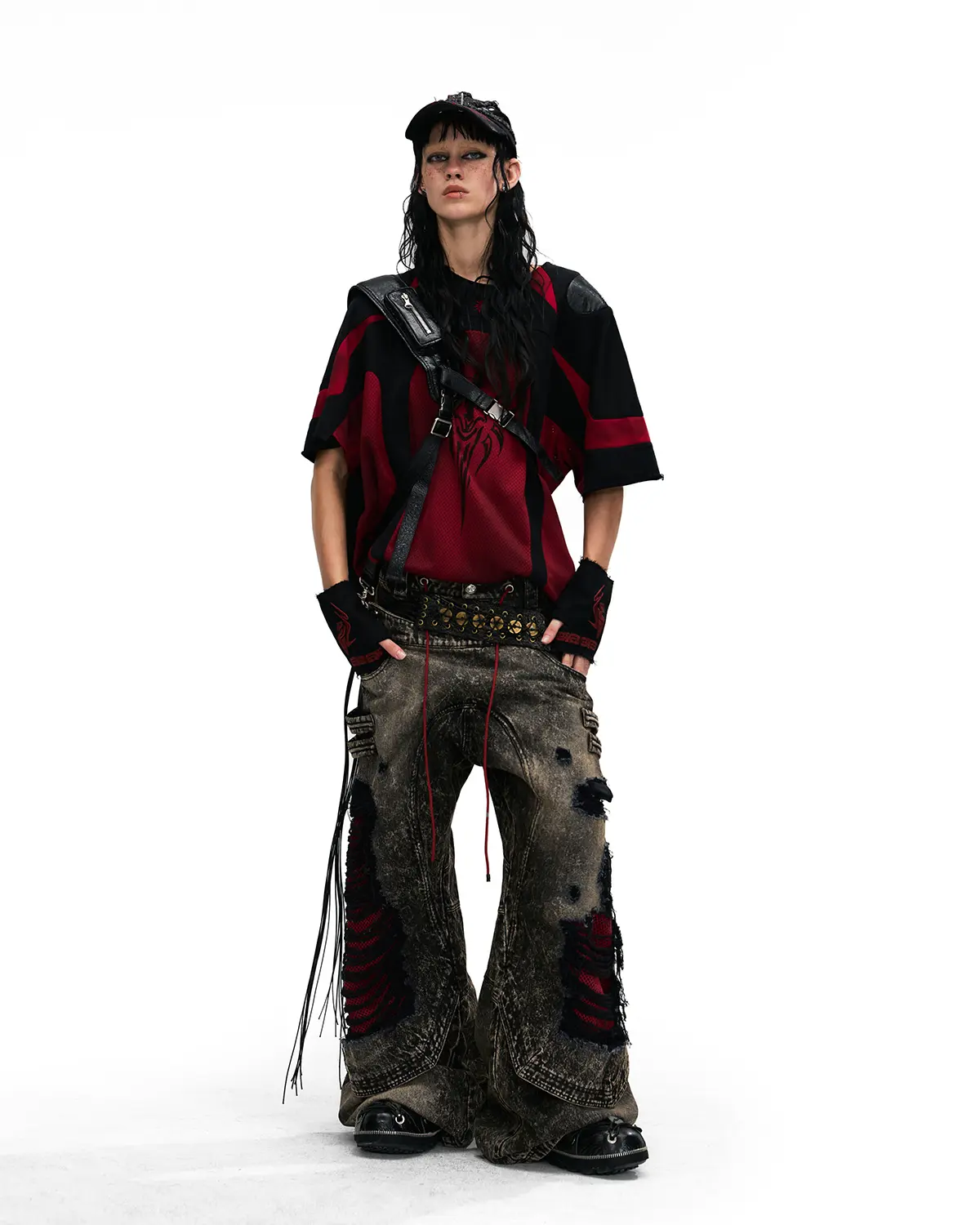 Personsoul Mythical Beast Motif Patchwork T-Shirt Red - Image 7