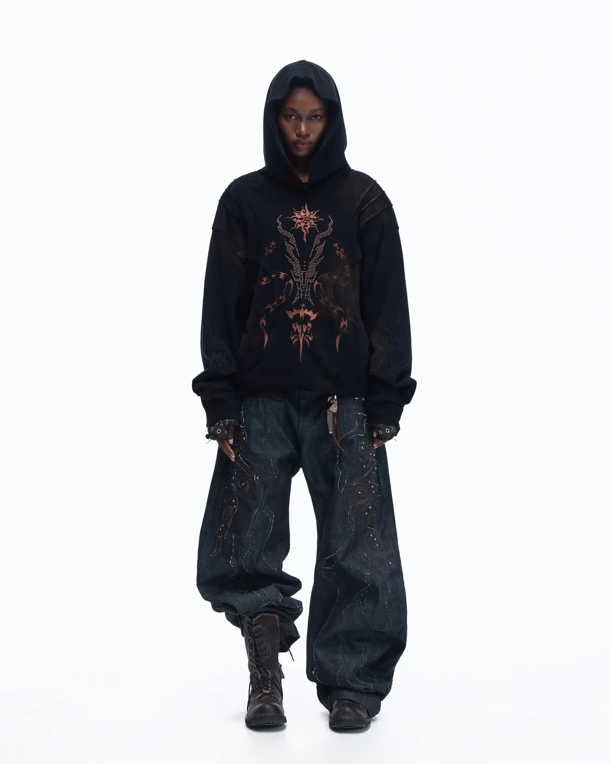 Personsoul Patchwork-Embroidered Raw Denim Curved Pants - Image 13