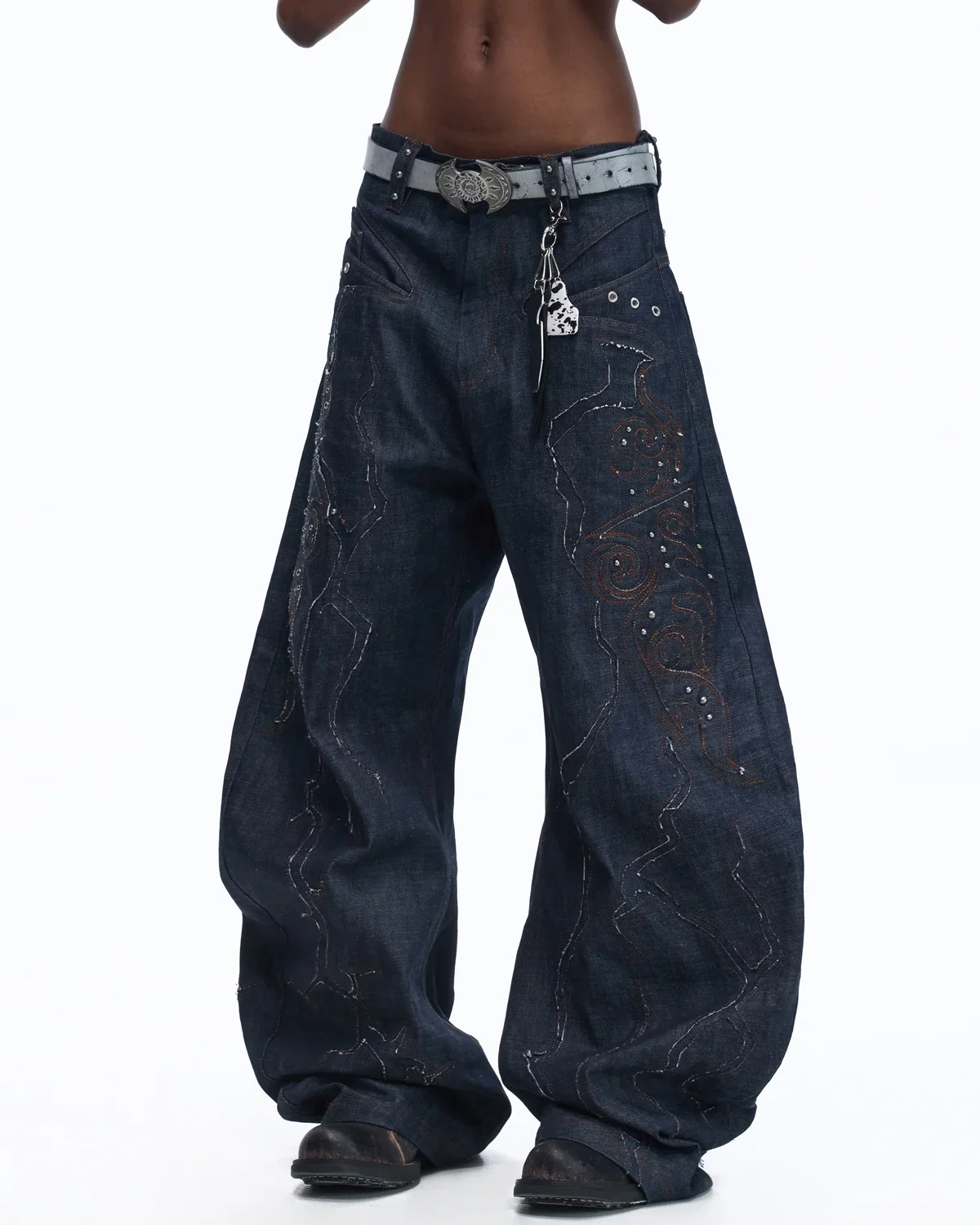 Personsoul Patchwork-Embroidered Raw Denim Curved Pants - Image 2