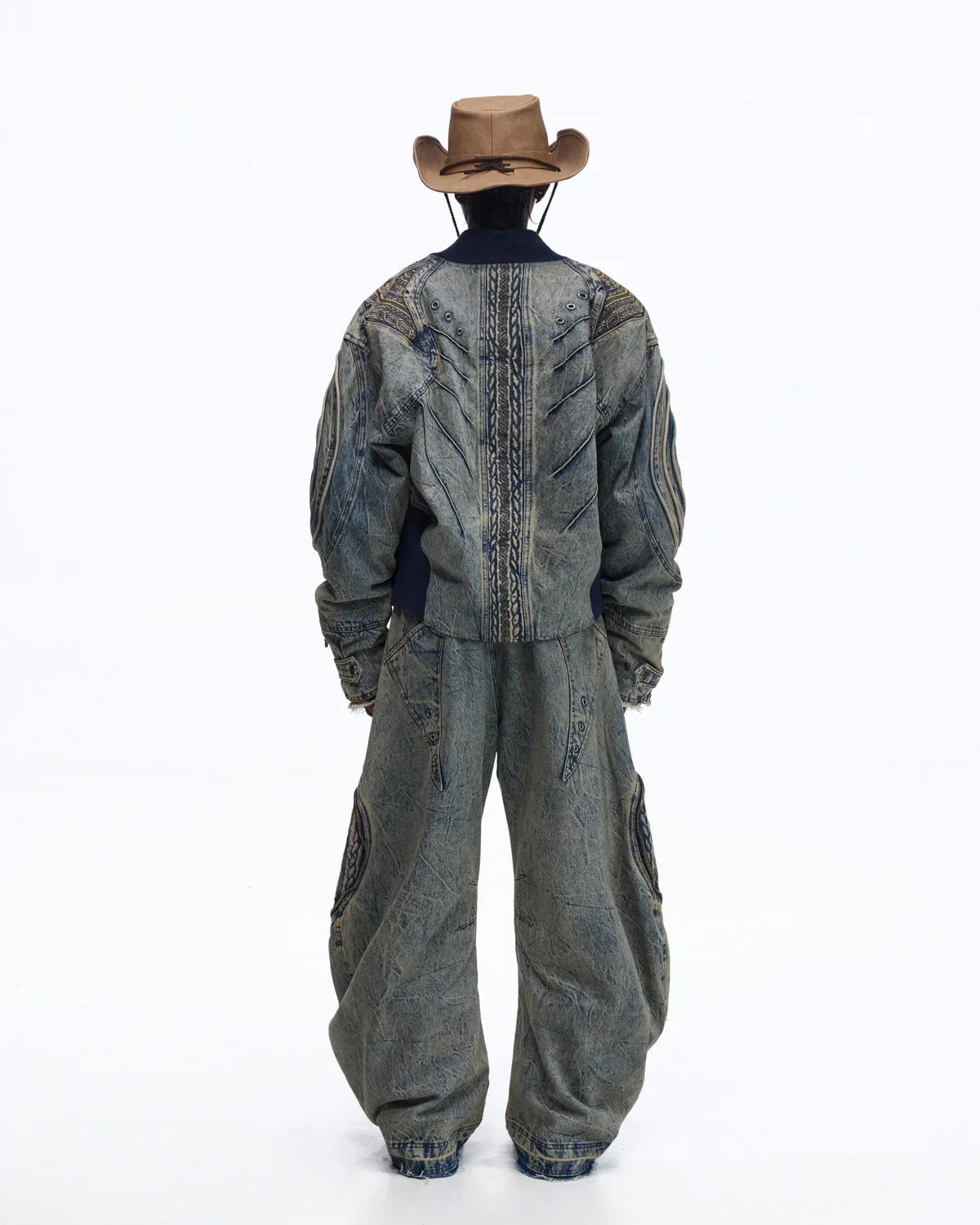 Personsoul Patchwork Ribbed Knit Embroidered Denim Jacket - Image 10