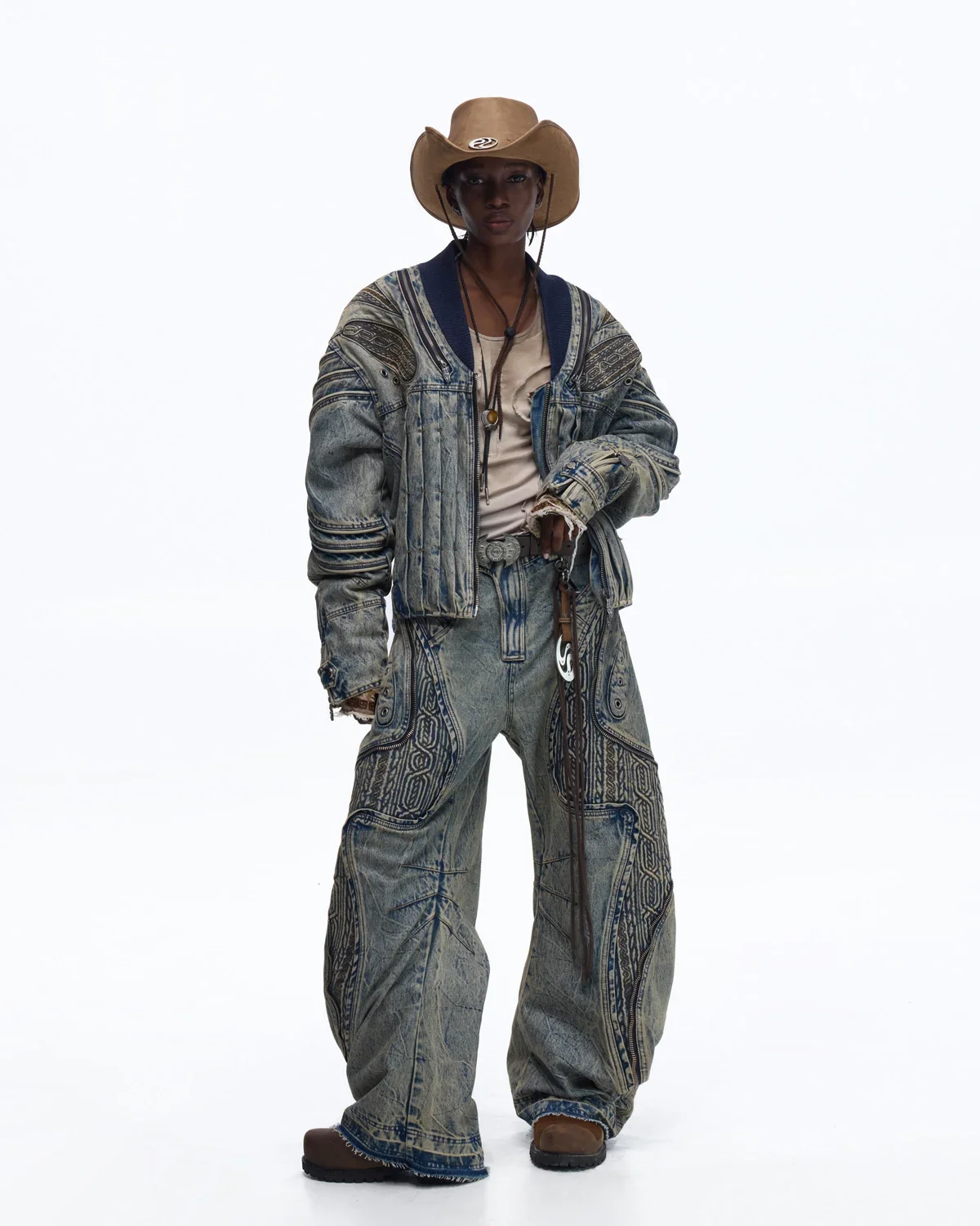 Personsoul Patchwork Ribbed Knit Embroidered Denim Jacket - Image 11