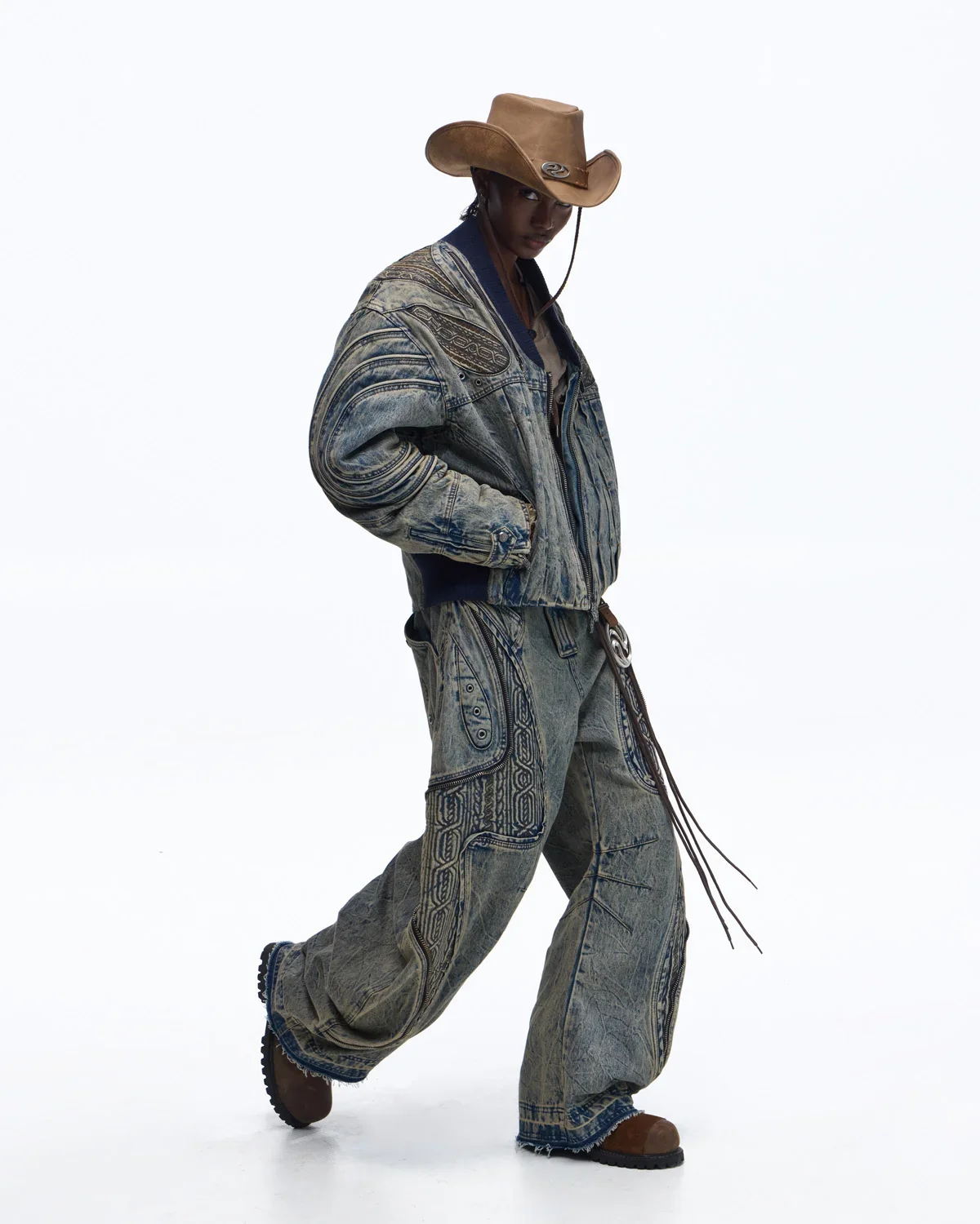 Personsoul Patchwork Ribbed Knit Embroidered Denim Jacket - Image 12