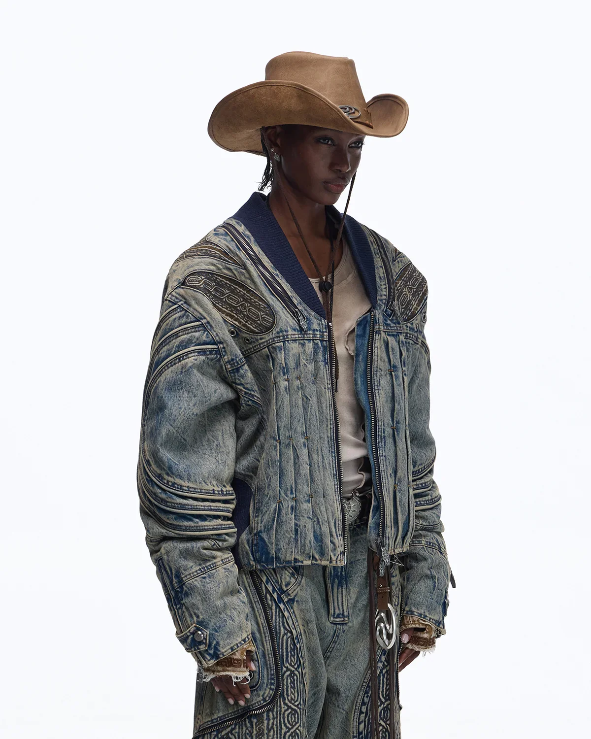 Personsoul Patchwork Ribbed Knit Embroidered Denim Jacket - Image 2