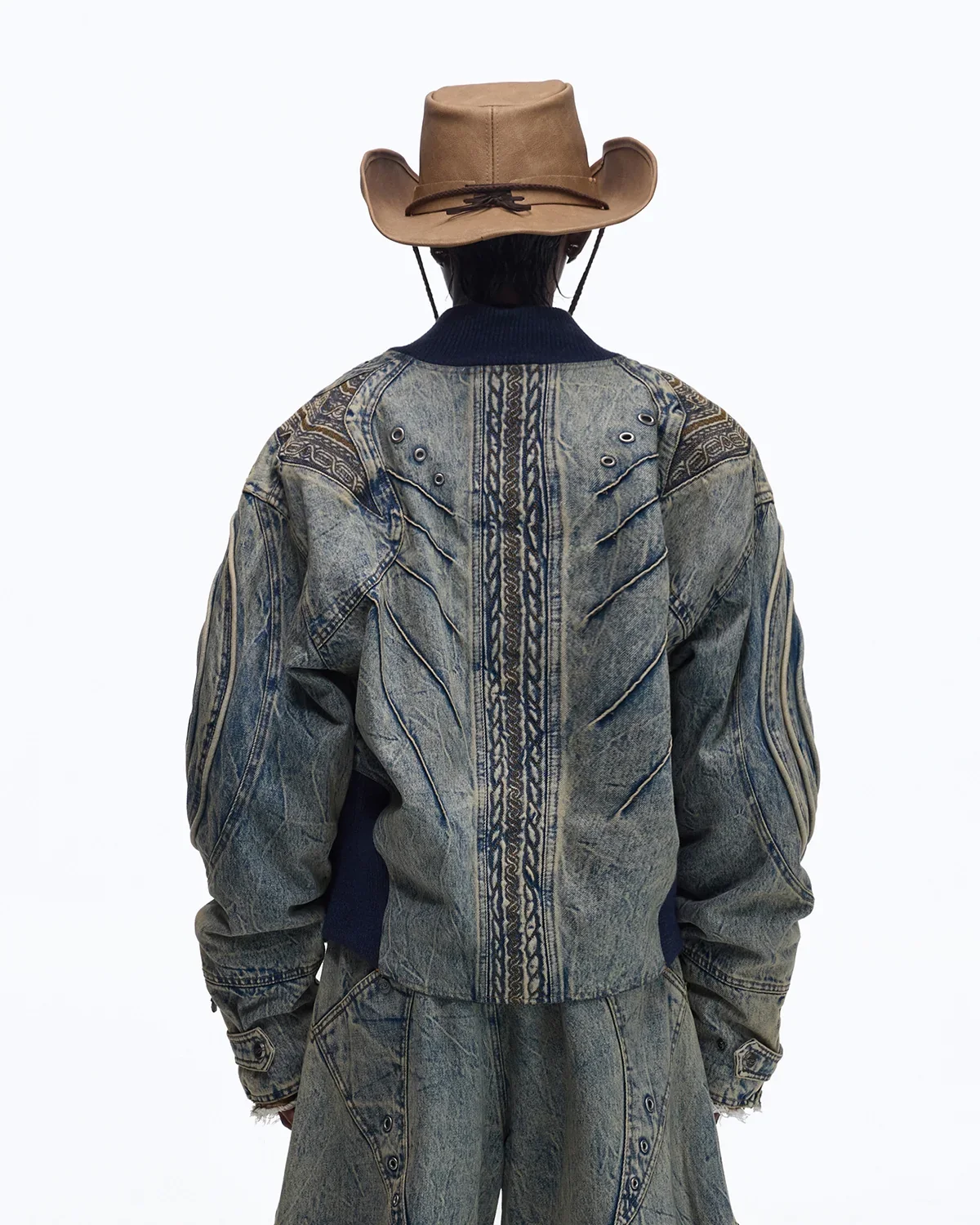 Personsoul Patchwork Ribbed Knit Embroidered Denim Jacket - Image 3