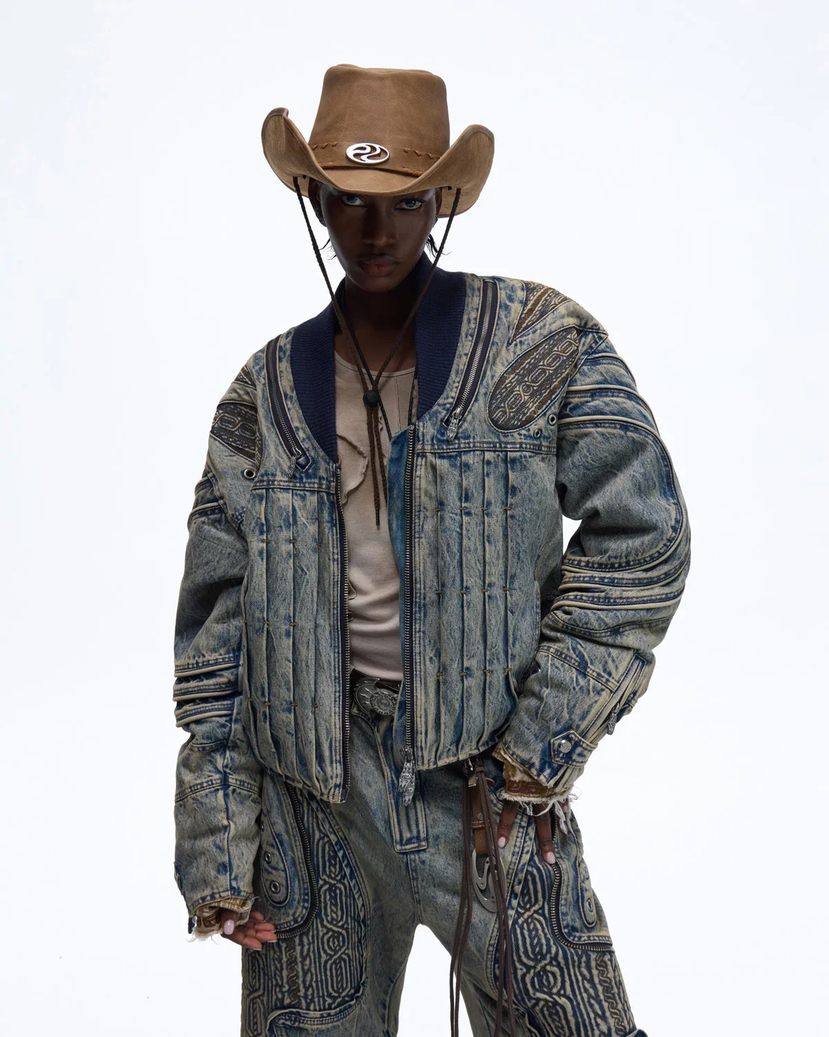 Personsoul Patchwork Ribbed Knit Embroidered Denim Jacket - Image 4