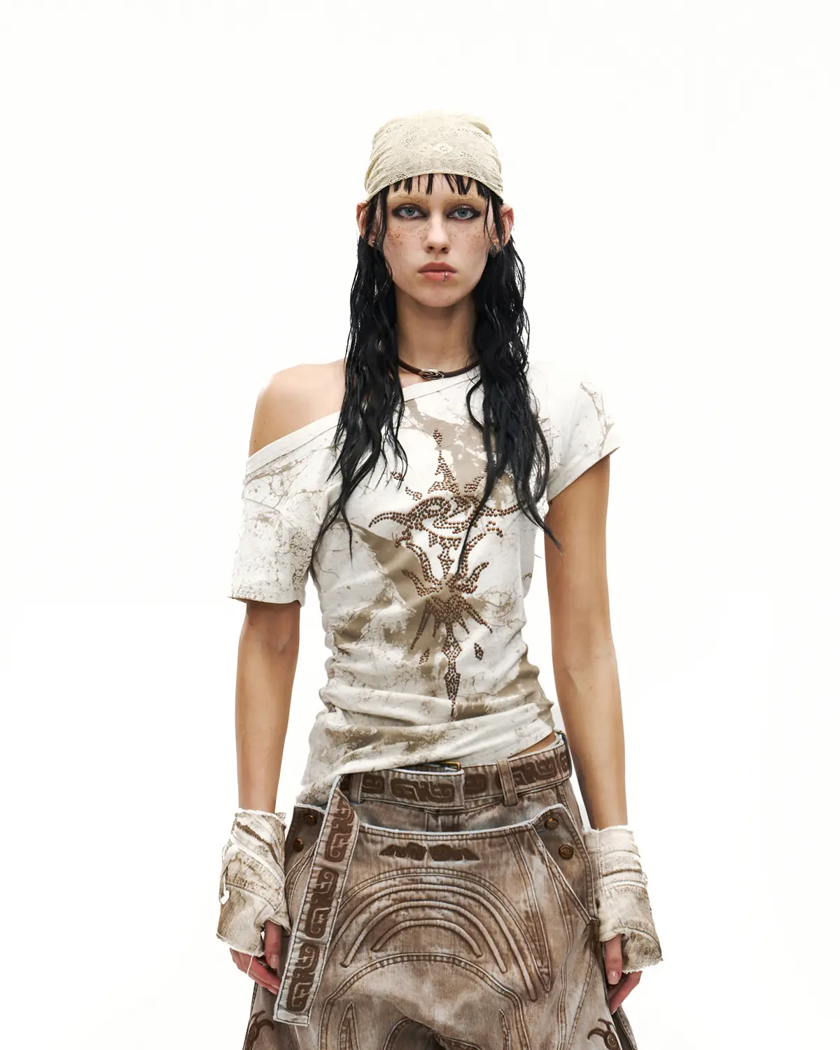 Personsoul Phoenix Motif One-Shoulder T-Shirt White