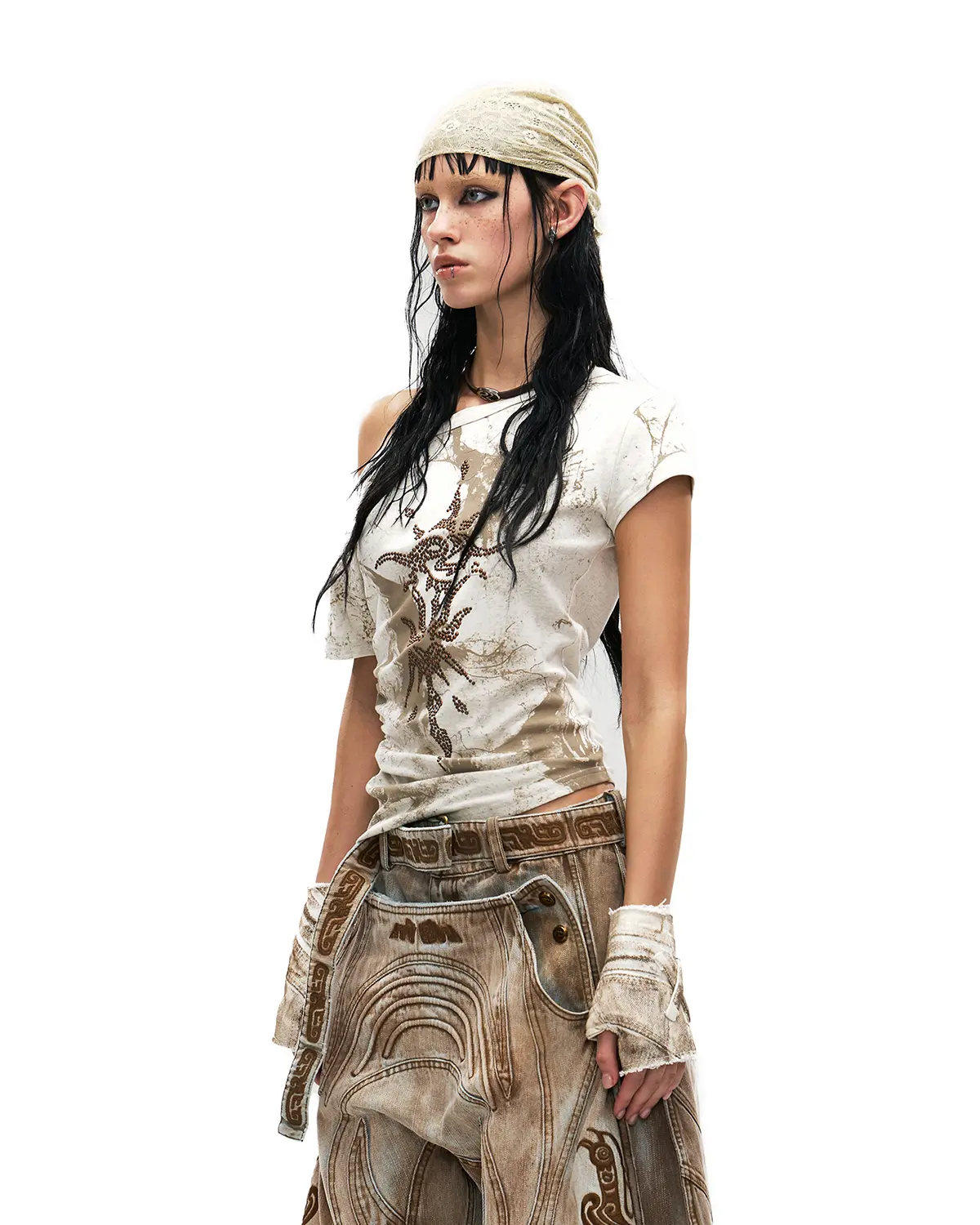 Personsoul Phoenix Motif One-Shoulder T-Shirt White - Image 2