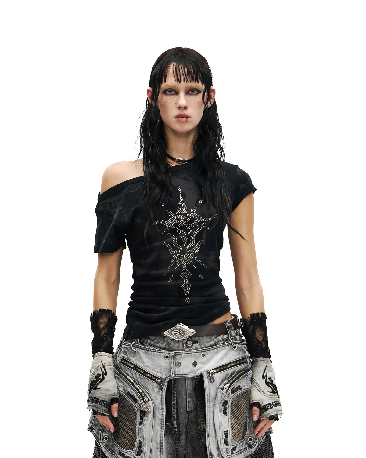Personsoul Phoenix Motif One-Shoulder T-Shirt Black