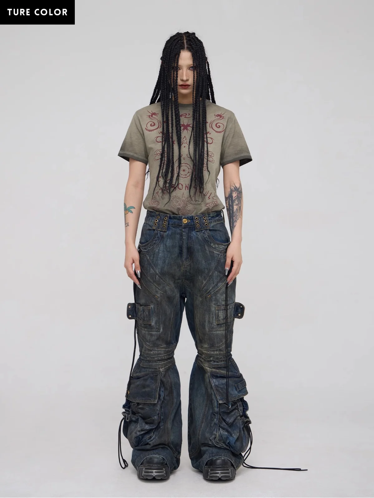 Personsoul Pocket Drawstring Washed Flared Jeans - Image 14