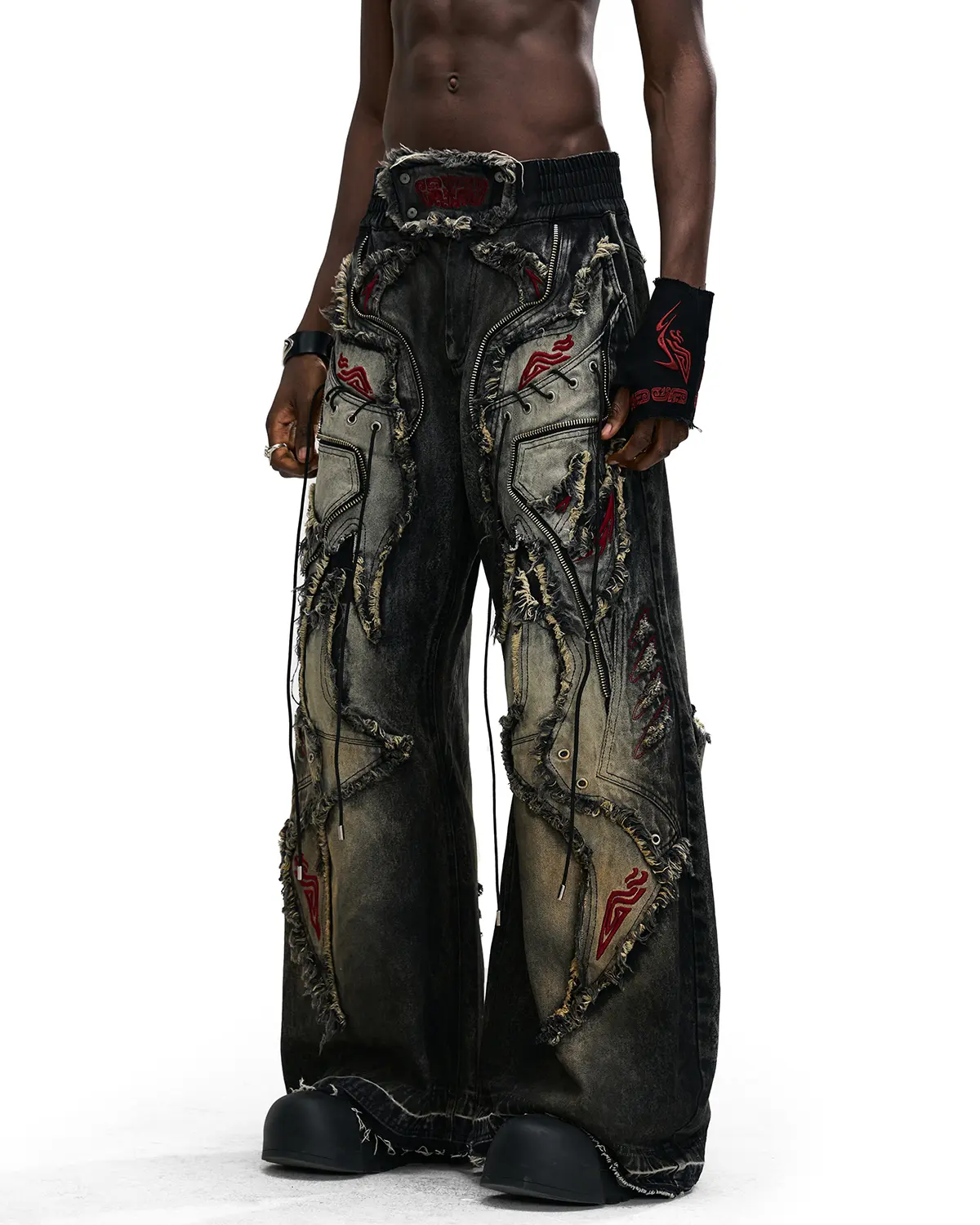 Personsoul Red-Embroidered Totem Wide-Leg Denim Jeans 6424 - Image 2
