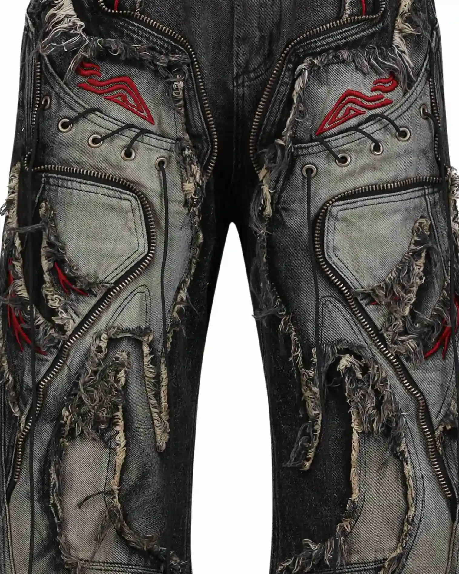 Personsoul Red-Embroidered Totem Wide-Leg Denim Jeans 6424 - Image 5
