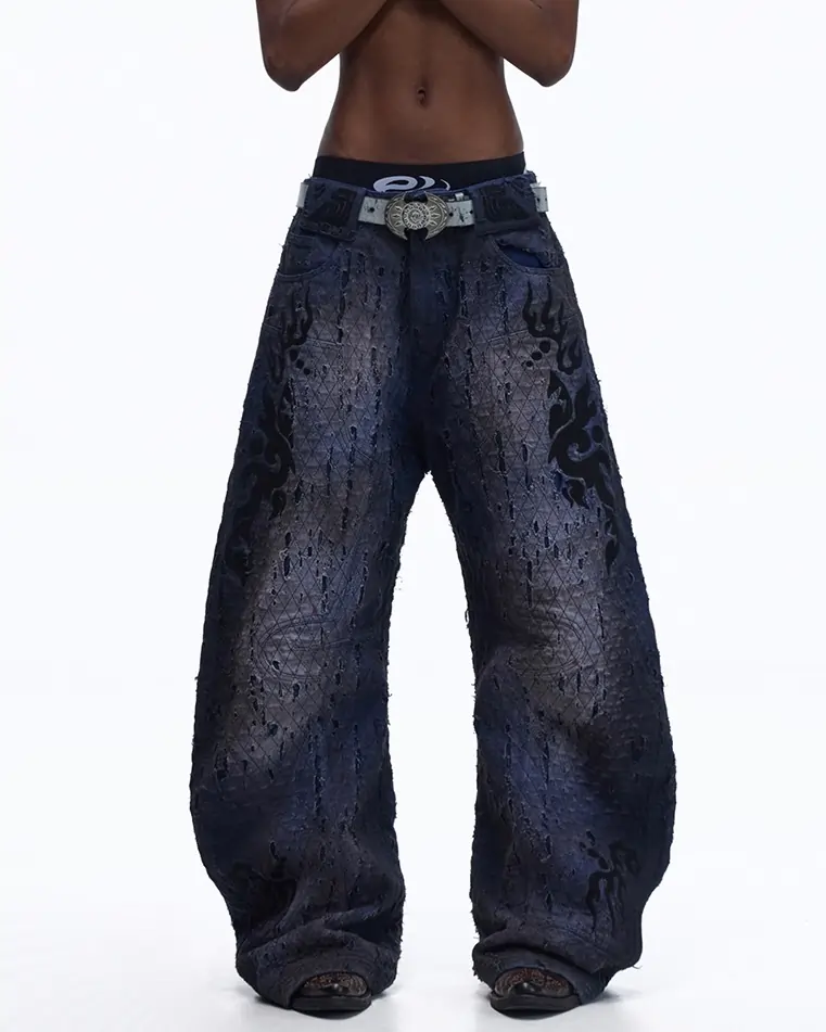 Personsoul Ripped Double-Layer Curved Jeans