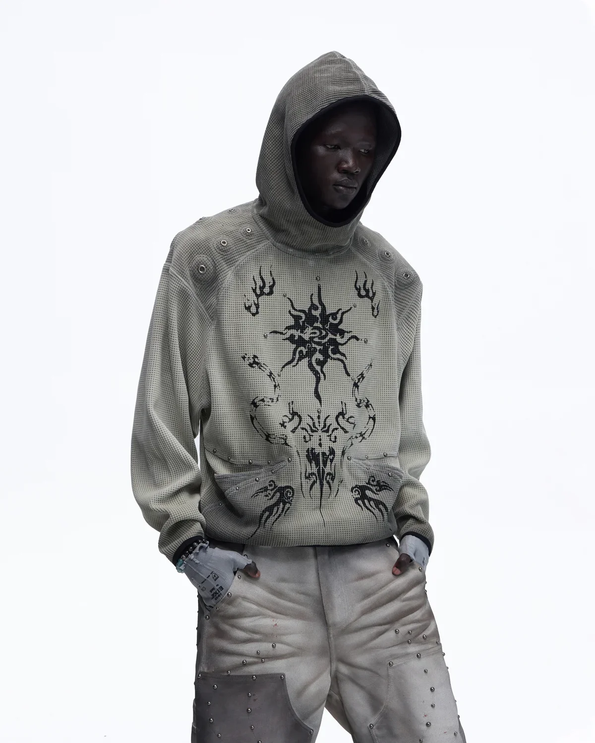 Personsoul Solar Totem Textured Plaid Hooded Sweatshirt - Image 2