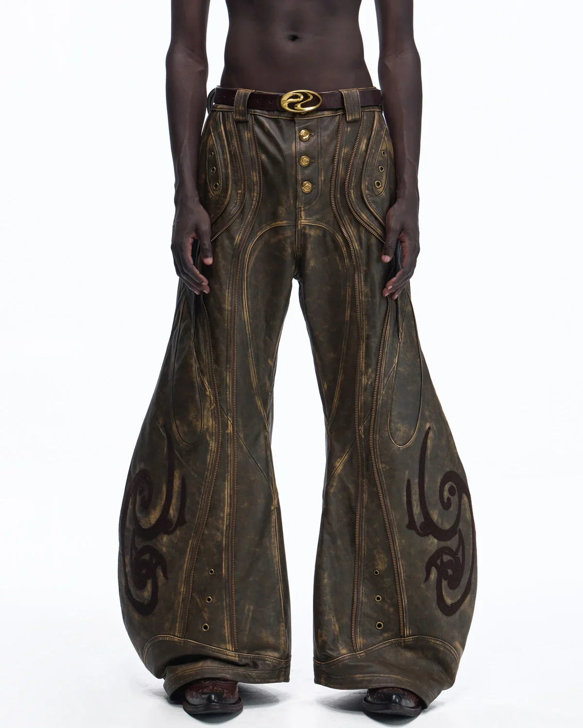 Personsoul Structured Totem Curved-leg Calf Leather Pants(Limited 100 pieces)