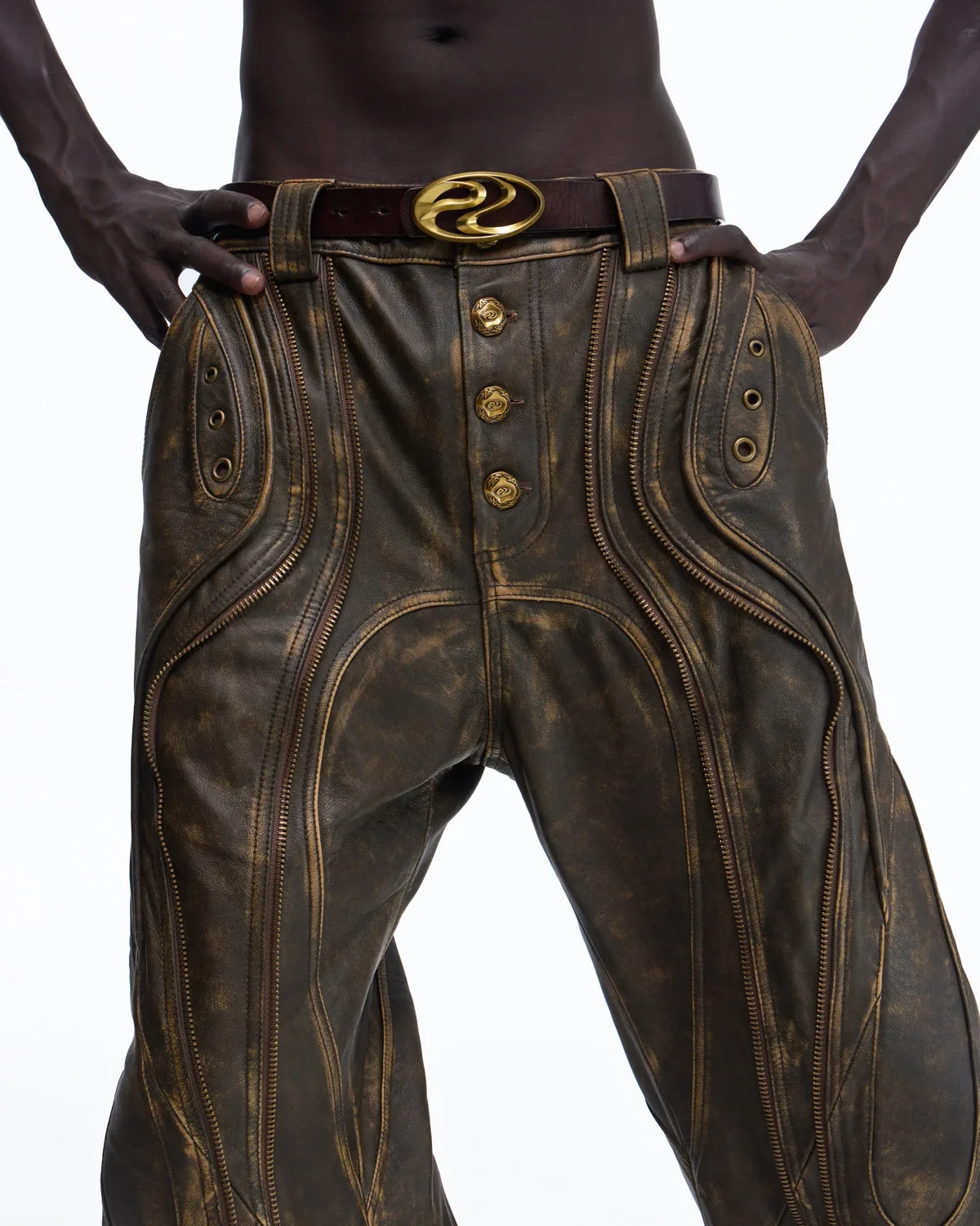 Personsoul Structured Totem Curved-leg Calf Leather Pants(Limited 100 pieces) - Image 4