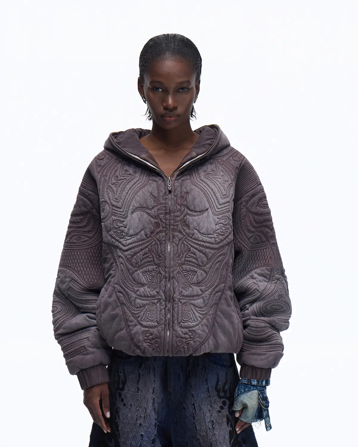 Personsoul Textured Full-Zip Hoodie with Chinese Motif Embroidery