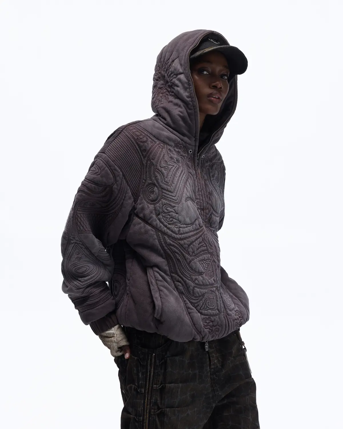 Personsoul Textured Full-Zip Hoodie with Chinese Motif Embroidery - Image 2