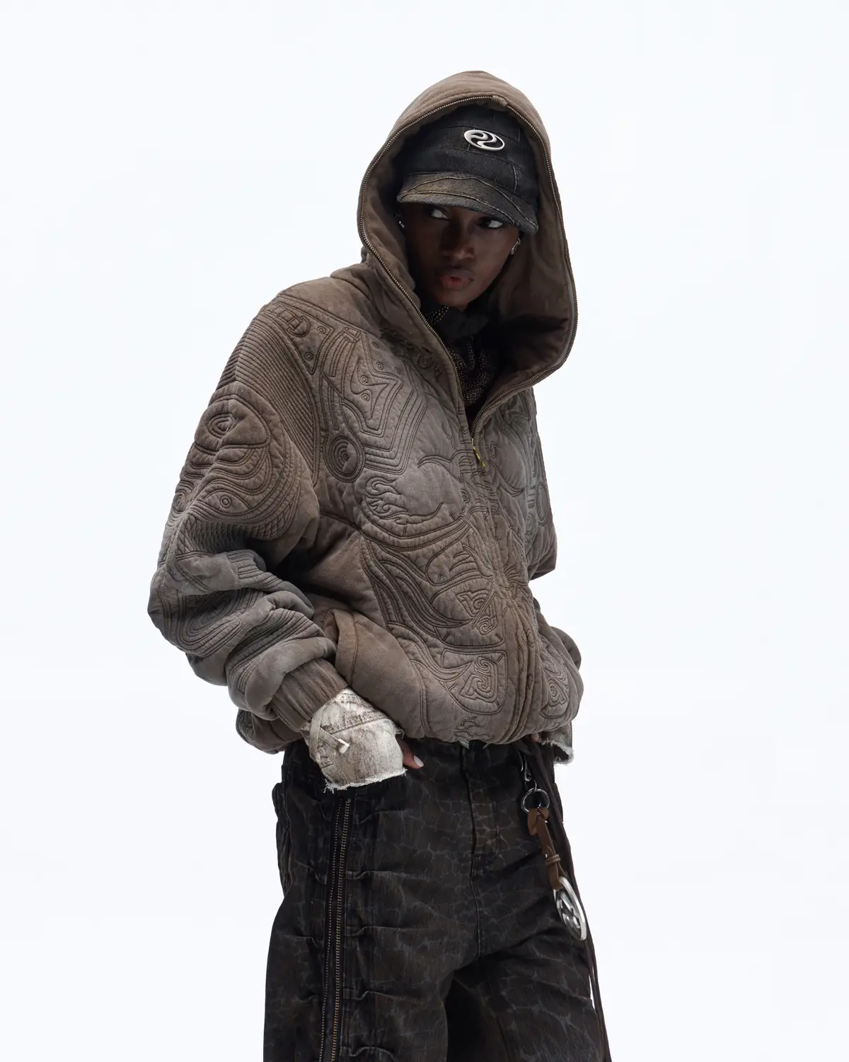 Personsoul Textured Full-Zip Hoodie with Chinese Motif Embroidery In Brown - Image 2