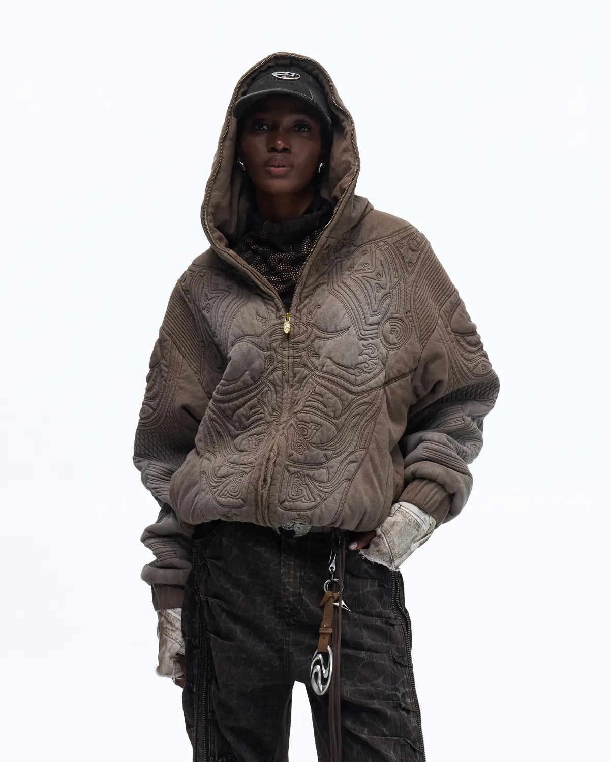 Personsoul Textured Full-Zip Hoodie with Chinese Motif Embroidery In Brown - Image 4