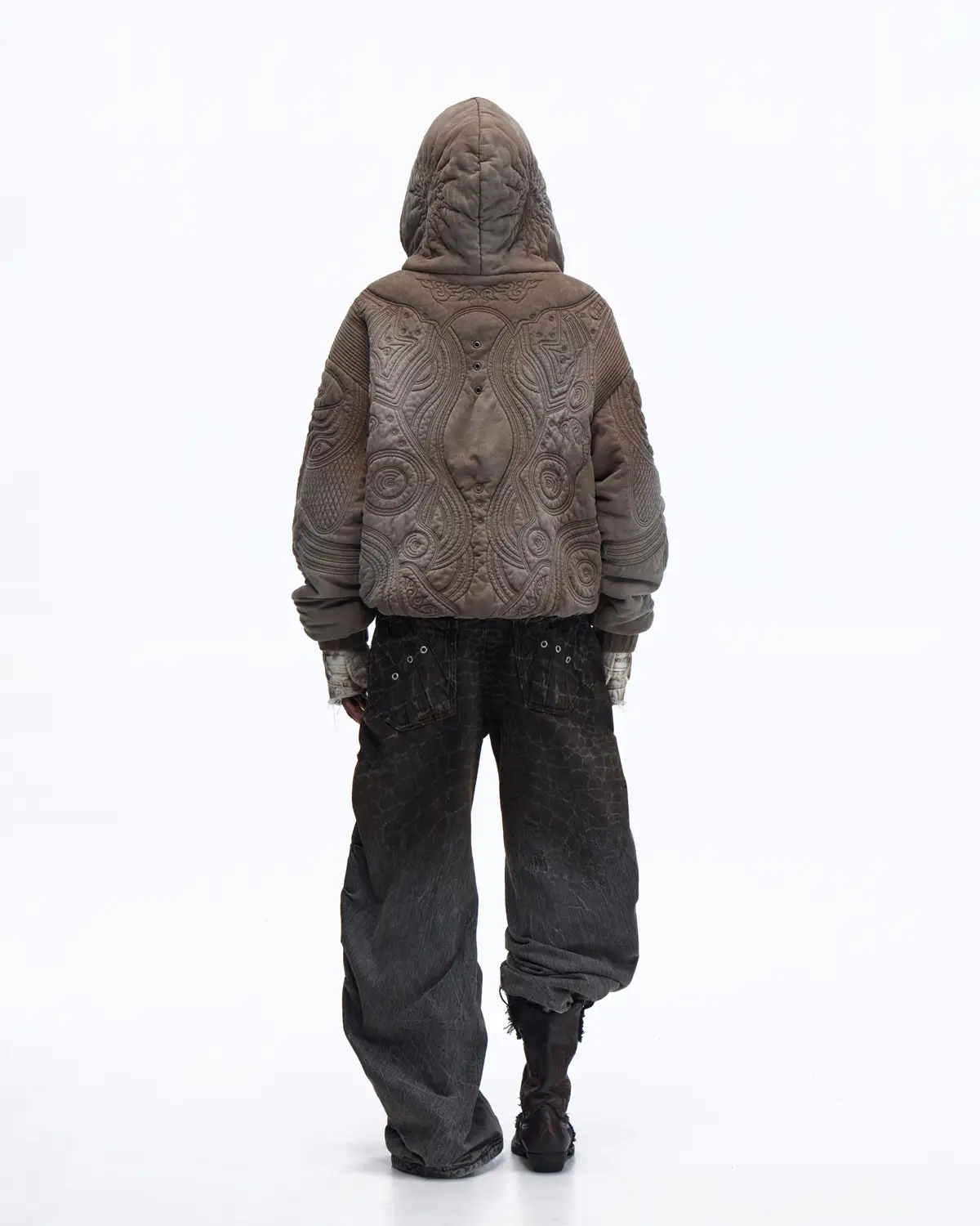 Personsoul Textured Full-Zip Hoodie with Chinese Motif Embroidery In Brown - Image 7