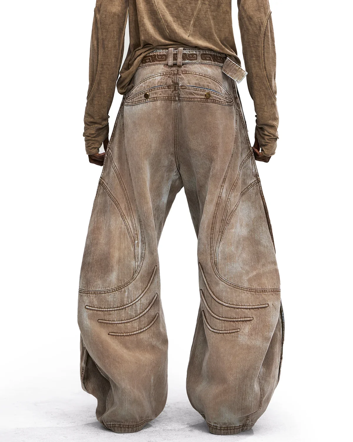 Personsoul Vintage Earth-Tone Faux-Layer Curved Jeans - Image 13