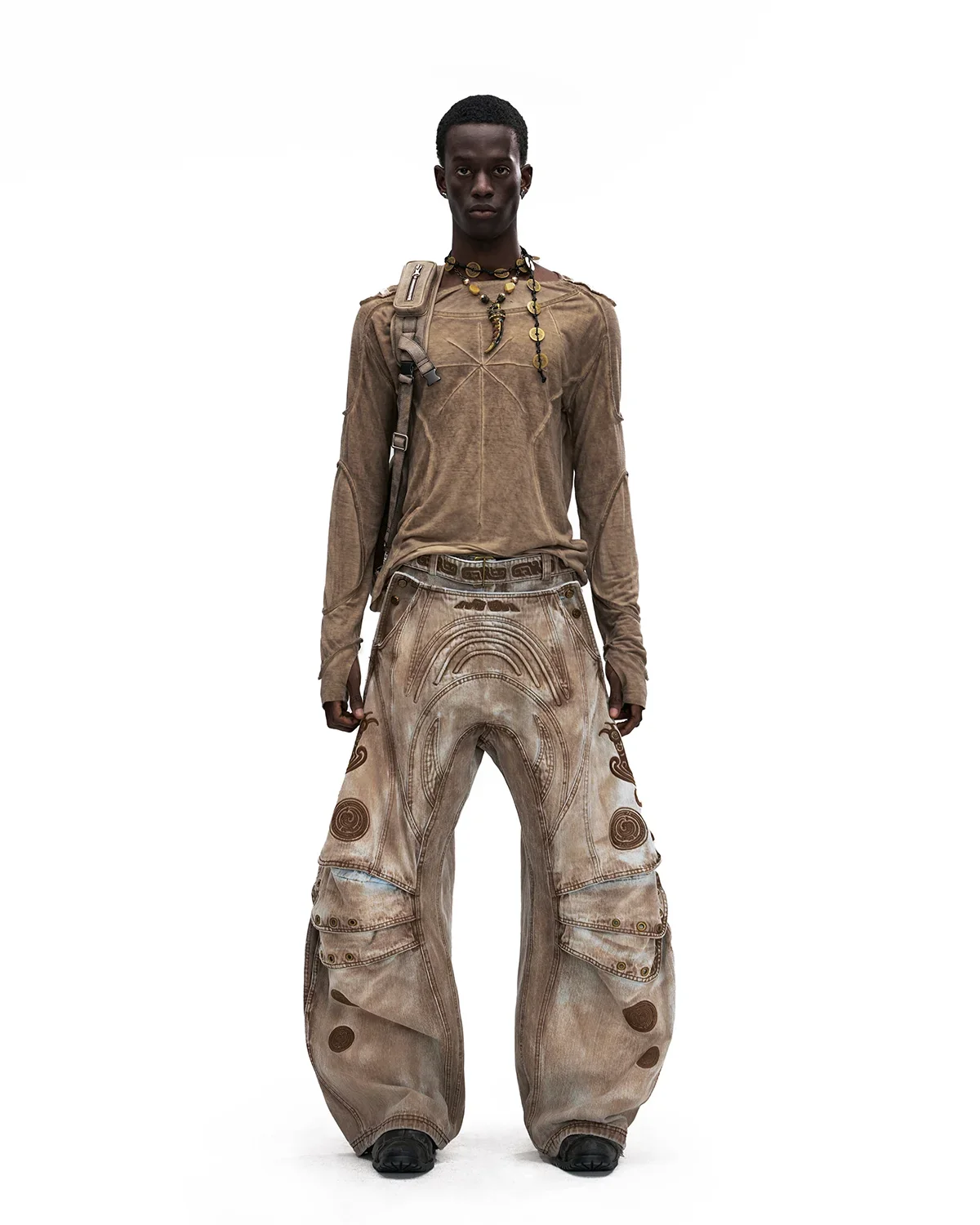 Personsoul Vintage Earth-Tone Faux-Layer Curved Jeans - Image 14