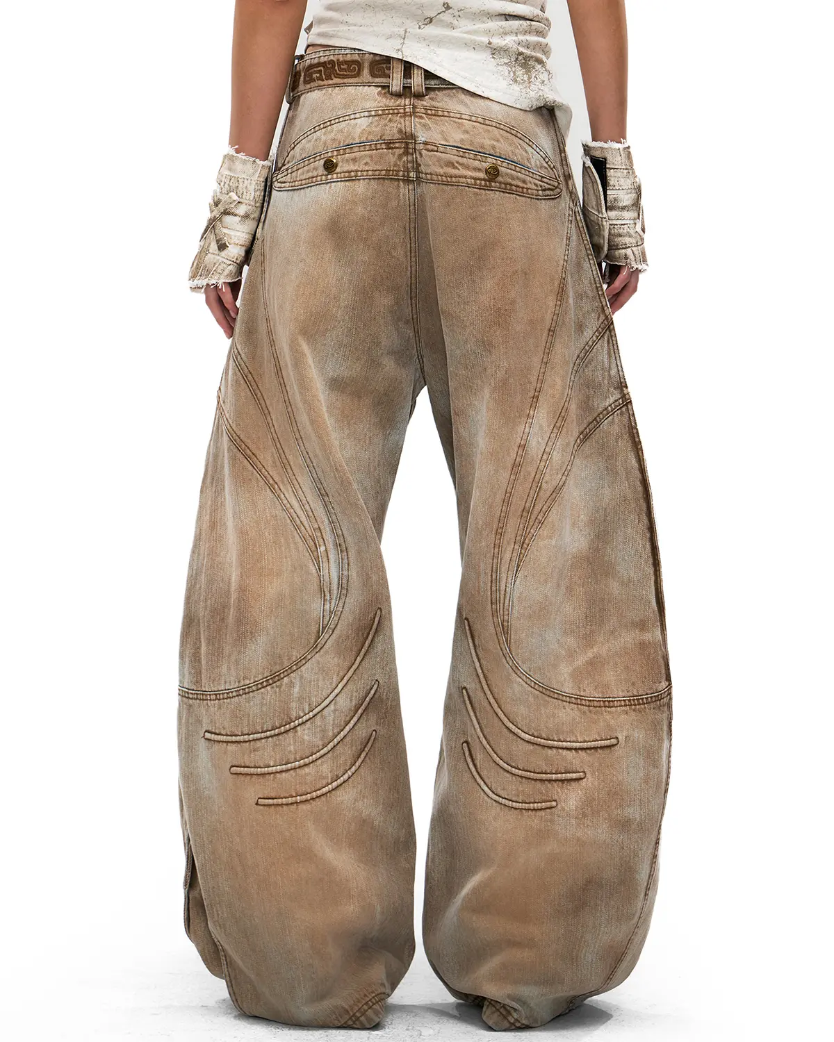 Personsoul Vintage Earth-Tone Faux-Layer Curved Jeans - Image 3