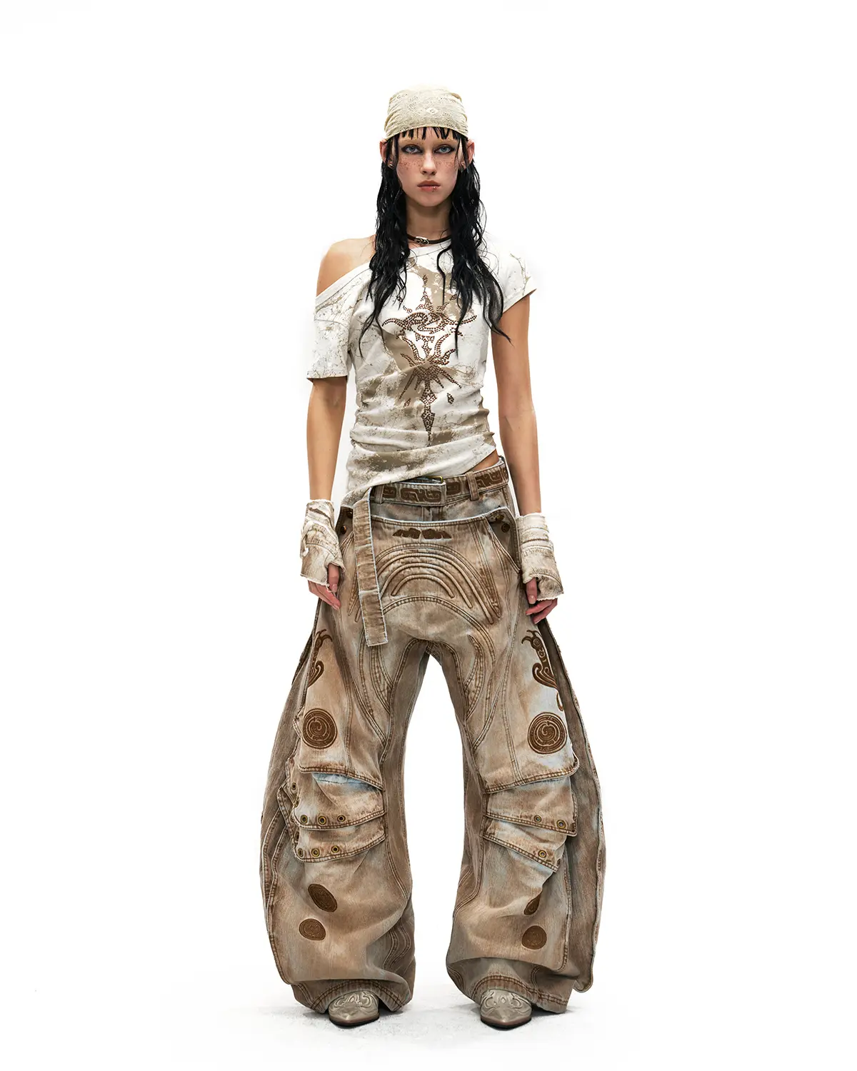 Personsoul Vintage Earth-Tone Faux-Layer Curved Jeans - Image 8