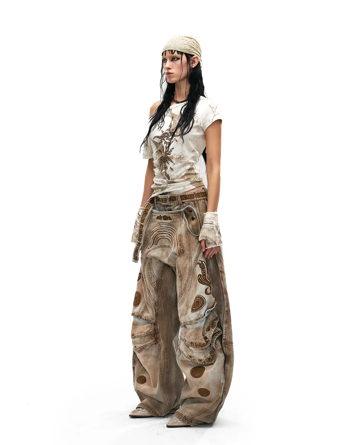 Personsoul Vintage Earth-Tone Faux-Layer Curved Jeans - Image 9
