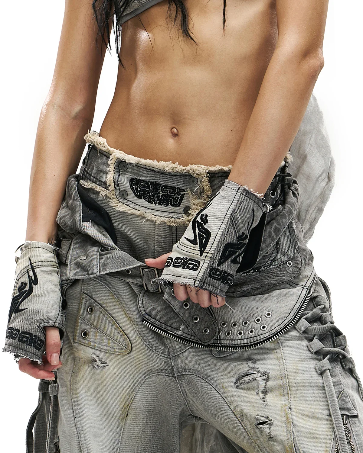 Personsoul Washed Embroidered Denim Gloves Gray - Image 2