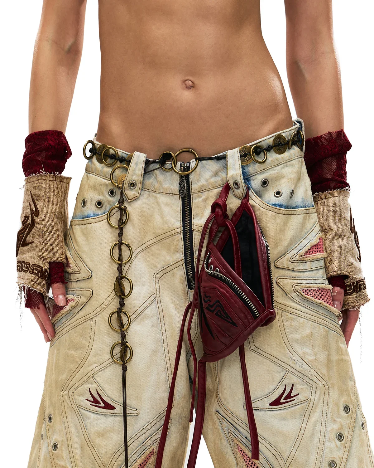 Personsoul Washed Embroidered Denim Gloves Brown