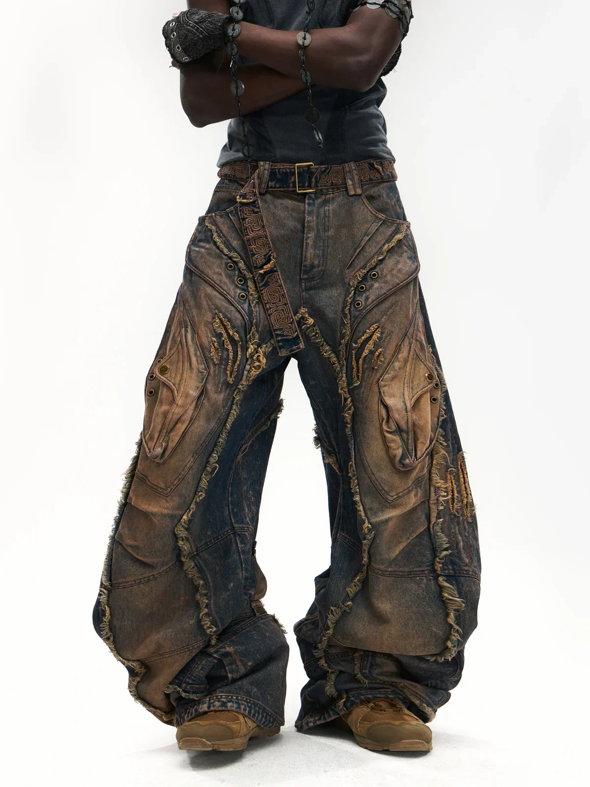 Vintage Wash Curved Leg Patchwork Jeans with Adjustable Length - Image 2