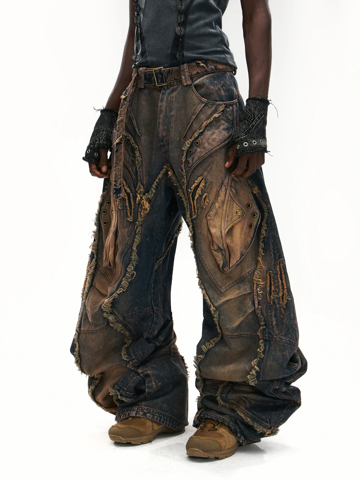 Vintage Wash Curved Leg Patchwork Jeans with Adjustable Length - Image 3